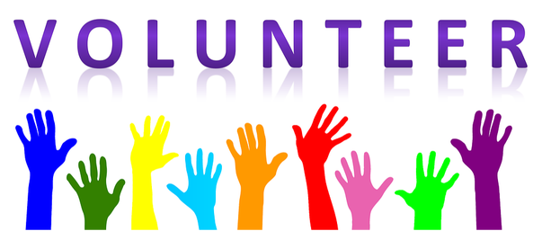 Header- Volunteer in large print, with rainbow colored hands in the air