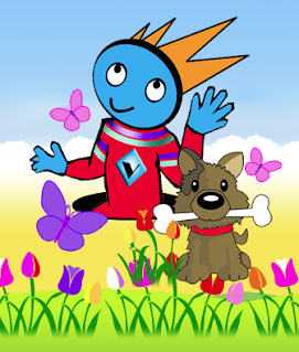Picture of cartoon blue boy in a field with a dog.